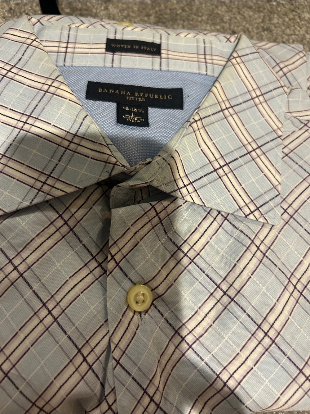 Banana Republic Light Blue Dress Shirt with Purple and White Plaid
